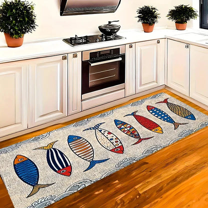 VIKAMA Little Fish Kitchen Two-Piece Flannel Rug Set Living Room & Bedroom Anti-Slip, Wear-Resistant, Stain-Resistant Floor Mat