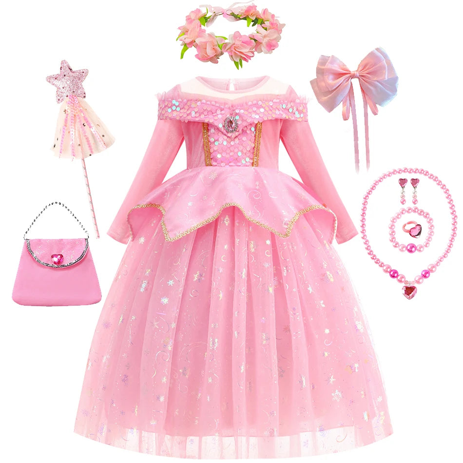 Costumi di Halloween per bambine, abiti da festa rosa per bambine, abito da principessa Aurora, costume cosplay della Bella Addormentata, set di travestimenti fantasy.