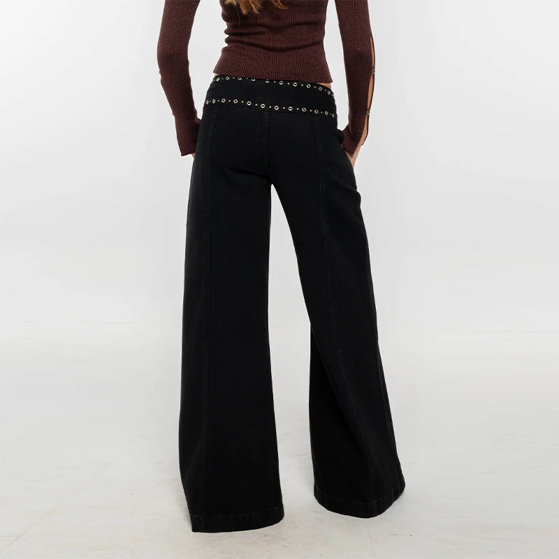 Jeans da donna, stile street style, neri, con rivetti, vintage, vita media, lunghi, alla moda, stile Y2K, con cerniera, pantaloni in denim, gamba dritta.