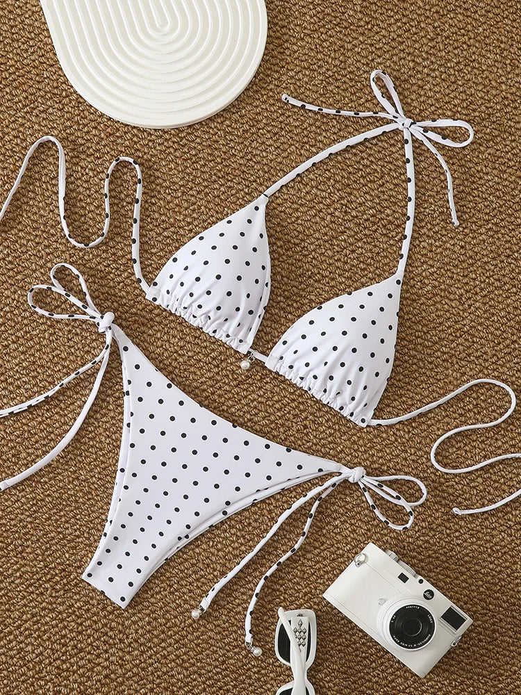 Set di micro bikini sexy con stampa a pois e perle, costume da bagno 2026, abbigliamento da spiaggia per donna, bikini estivo da spiaggia, costume da bagno a due pezzi