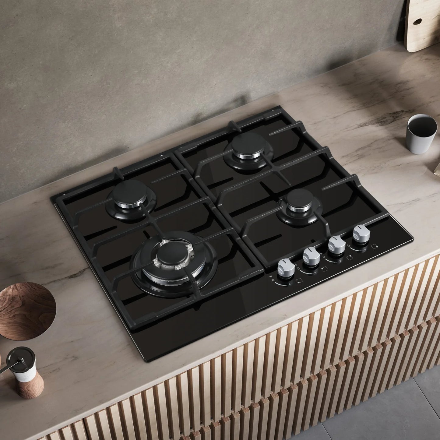 Piano cottura a gas da 58 cm | 4 fuochi a doppia alimentazione (gas naturale/GPL) 8060 W con spegnimento automatico della fiamma e superficie in vetro temperato | Da incasso/a libera installazione 220-240 V
