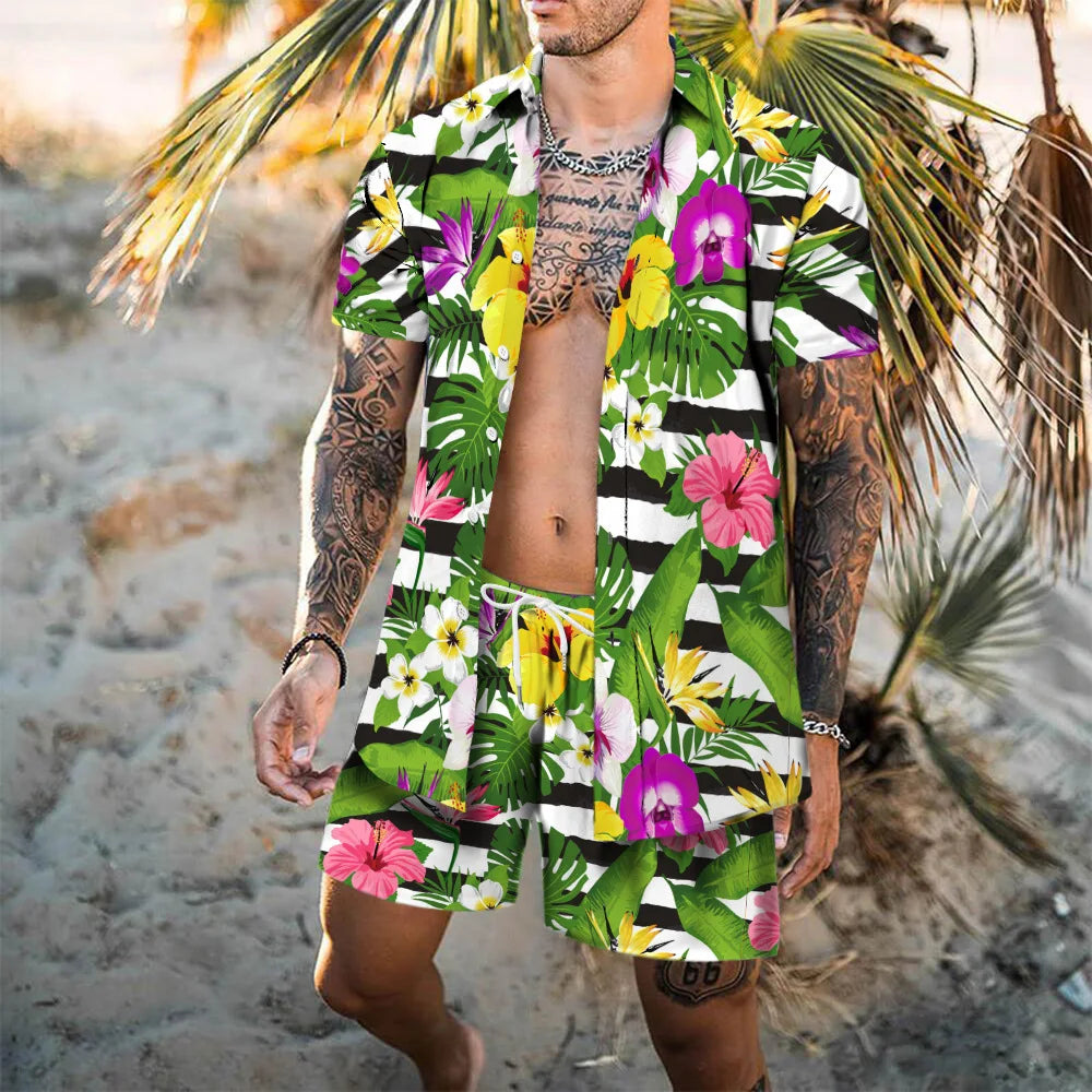 Completo da spiaggia hawaiano da uomo, 2 pezzi: camicia con stampa 3D, maniche corte, pantaloncini da spiaggia, camicia casual, set due pezzi alla moda per le vacanze.