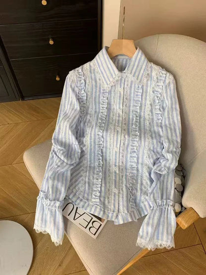Blue Striped Women Shirts Autumn Korean Sweet Lace Patchwork Long Sleeve Blouse Fashion Single Breasted Slim All Match Top Mujer