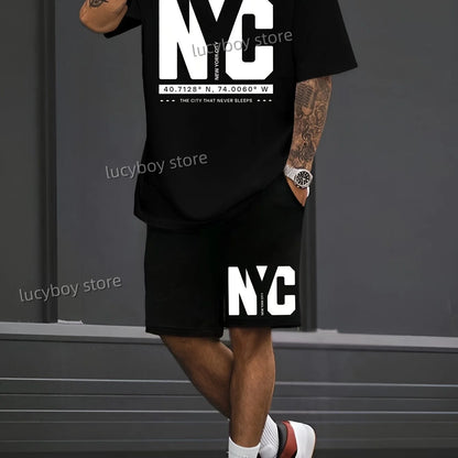 Completo sportivo da uomo con t-shirt e pantaloncini stampati con scritta NC NEW YORK, tuta di lusso da corsa oversize in 2 pezzi.