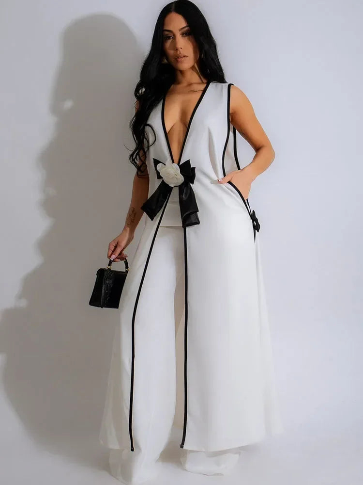 Completo coordinato da donna con due pezzi, elegante abito da compleanno in discoteca, top lungo senza maniche con scollo a V e pantaloni a gamba larga