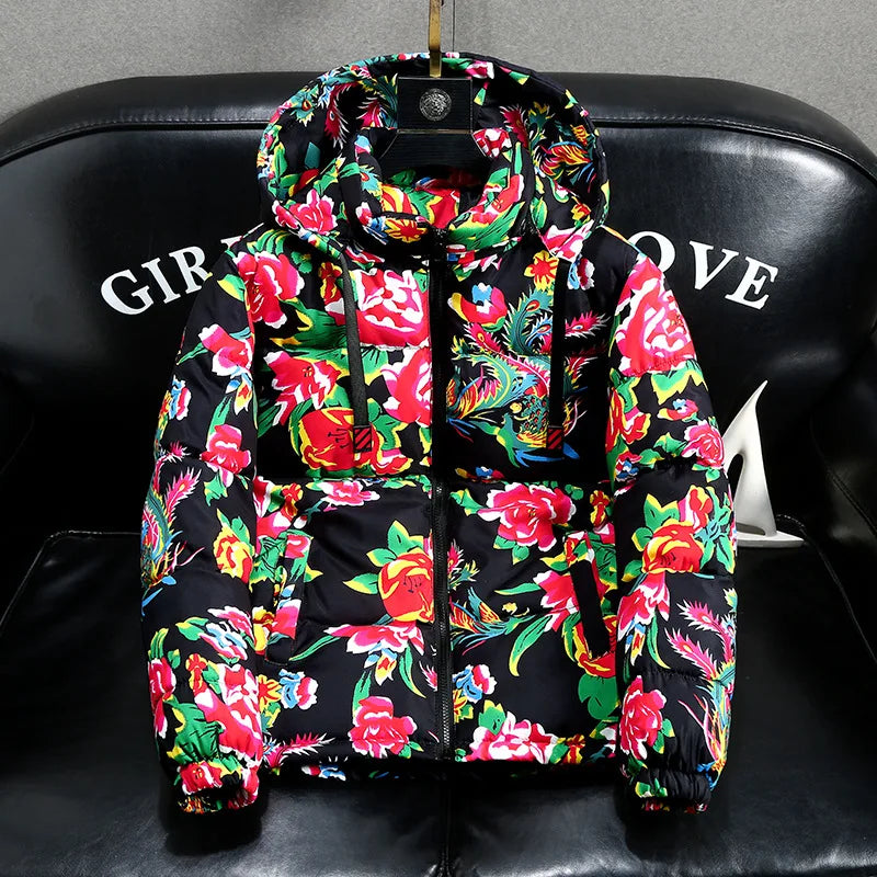 2025 Autumn Winter Chinese Style Northeast China Large Floral Cotton Jacket Loose-fit Zippered Hooded Long Sleeved Warm Coat