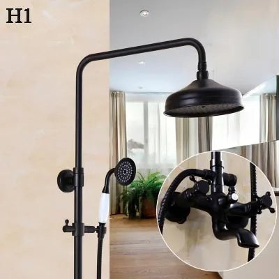 Bathroom Antique Black Painting Brass Lifting Column Wall Mount Shower Set 8" 3-Functions Hot Cold Rainfall Shower Mixer Tap