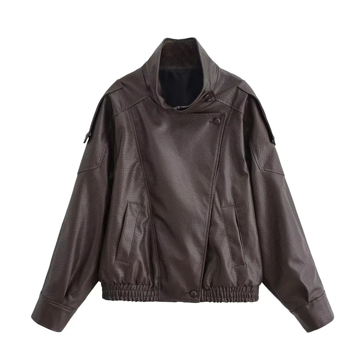 HH 2026 Giacca da donna alla moda in pelle sintetica nera con collo alto, maniche lunghe e cerniera, stile vintage, giacca in pelle sintetica stile streetwear