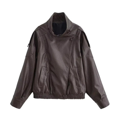 HH 2026 Giacca da donna alla moda in pelle sintetica nera con collo alto, maniche lunghe e cerniera, stile vintage, giacca in pelle sintetica stile streetwear