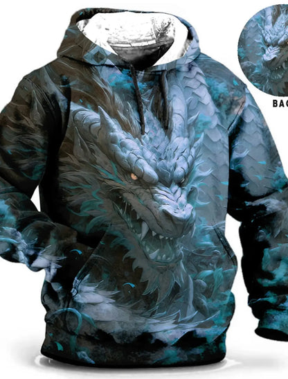 Felpa con cappuccio da uomo con stampa grafica di drago per il Capodanno cinese, stampa animalier, classica casual, pullover 3D, streetwear, maniche lunghe.