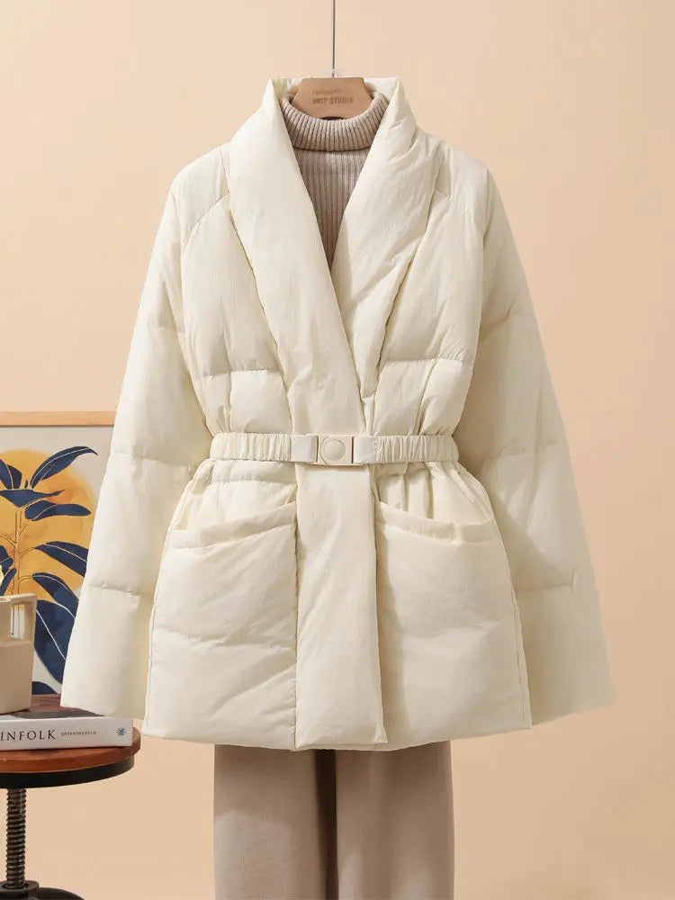 Nuovo cappotto invernale da donna in cotone, caldo, tinta unita, con scollo a V, vita arricciata, parka con cintura.