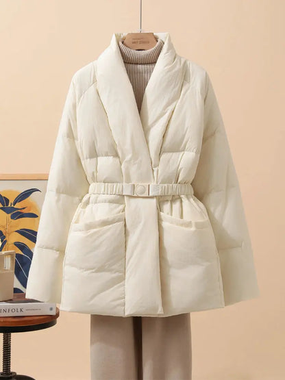 Nuovo cappotto invernale da donna in cotone, caldo, tinta unita, con scollo a V, vita arricciata, parka con cintura.
