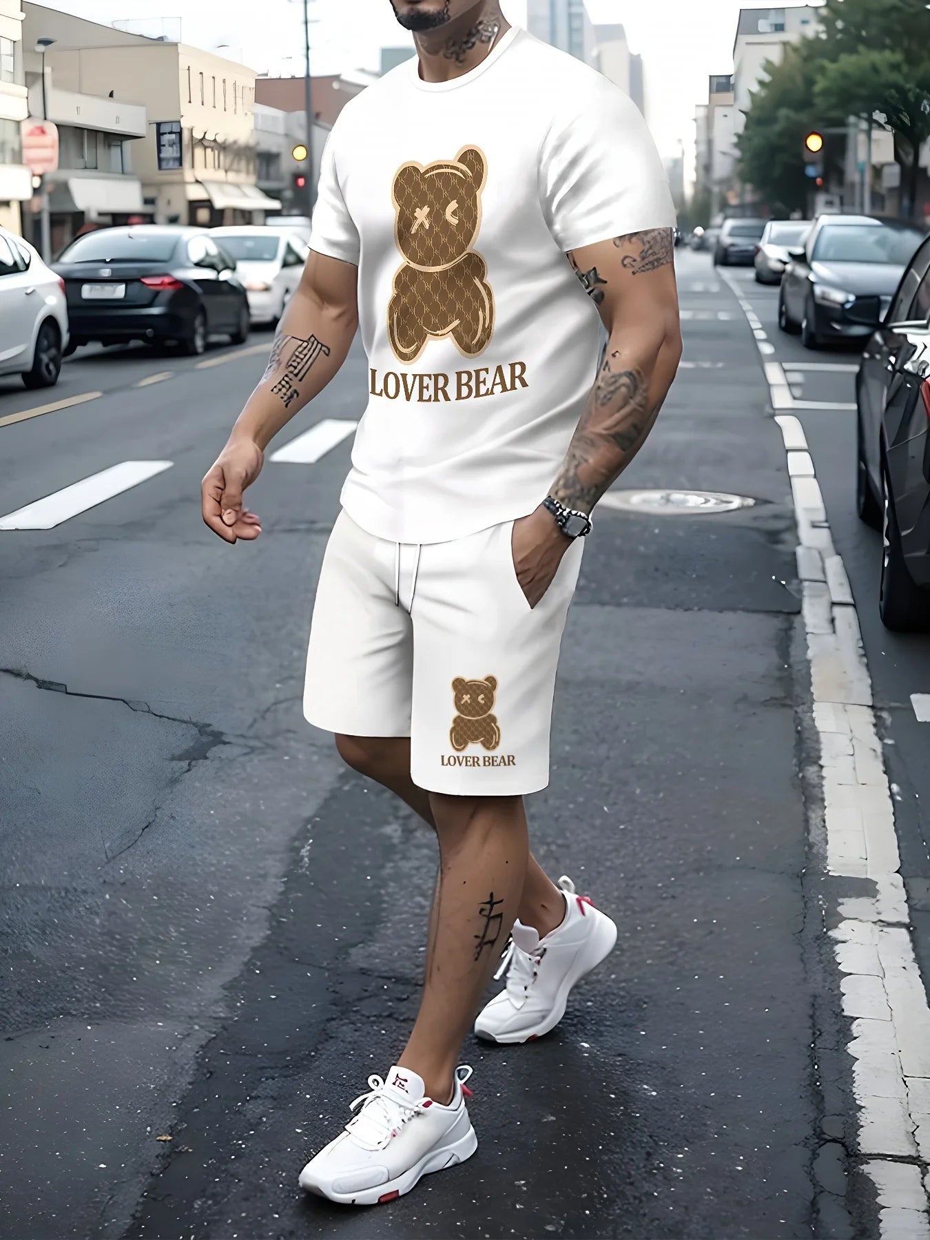Completo estivo da uomo 2025 con stampa orsetto, t-shirt girocollo morbida e traspirante e pantaloncini, set casual da esterno a due pezzi.