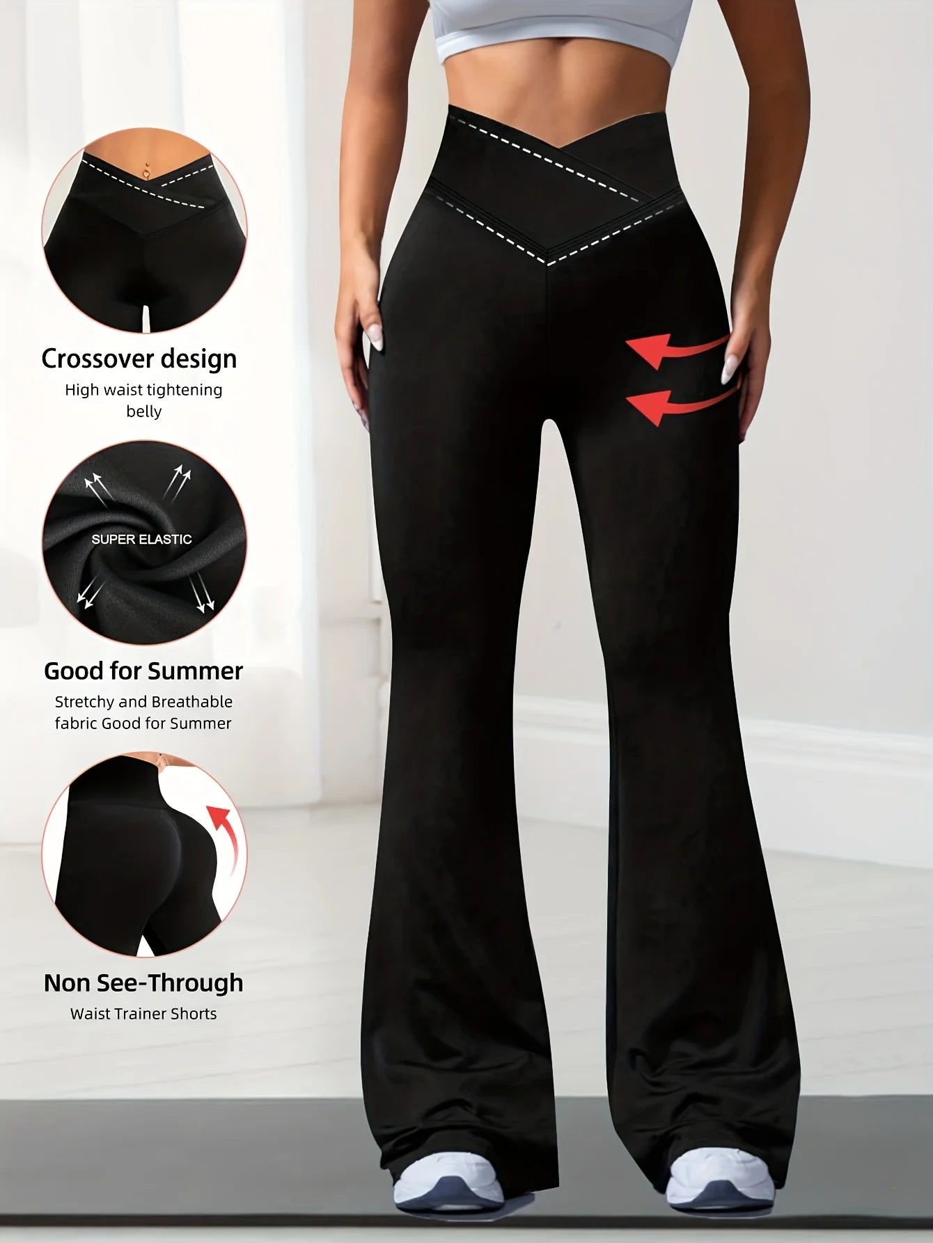 2026 New Arrival Spring Black Women's Cross High Waist High Elastic Tummy Control Butt Lifting Slim Fit Flare Pants Casual Yoga