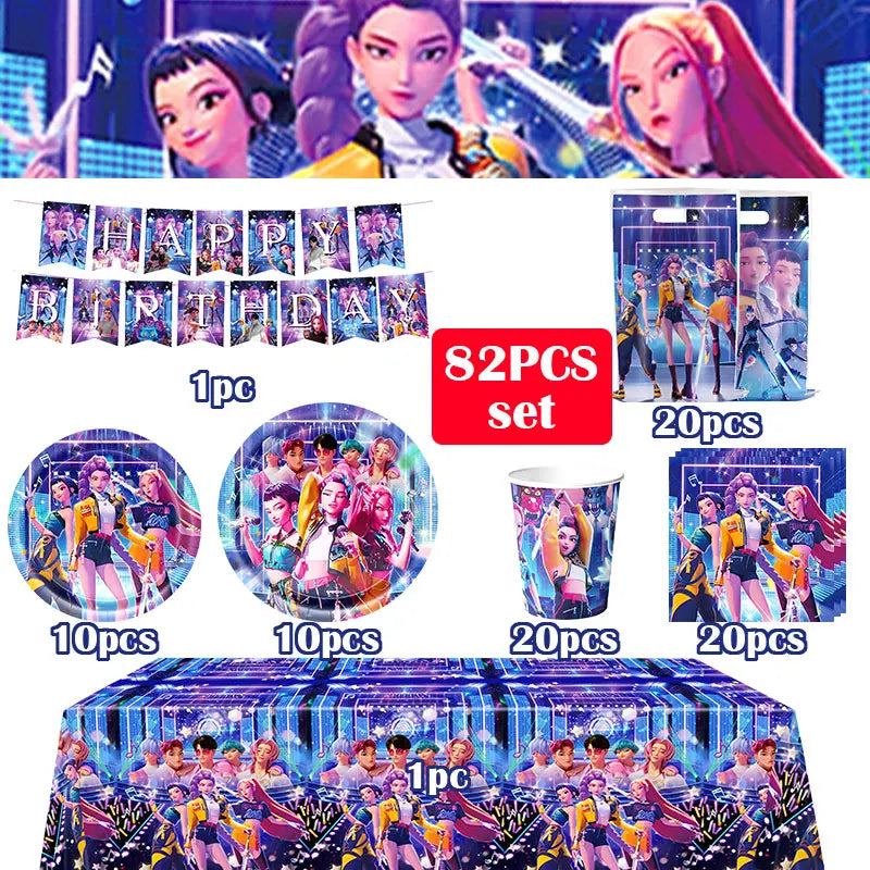 Kpop Demon Hunter Birthday Decoration Set Kpop Girl Cup Pate Happy Balloon Happy Banner Gift Bags Supplies for Kids Party Favors