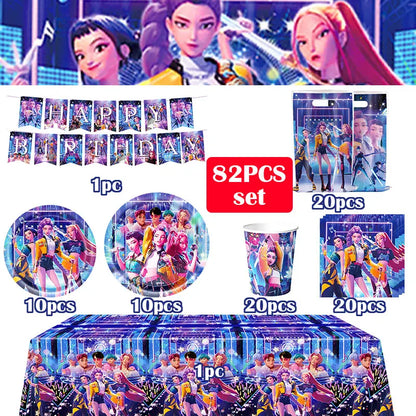 Kpop Demon Hunter Birthday Decoration Set Kpop Girl Cup Pate Happy Balloon Happy Banner Gift Bags Supplies for Kids Party Favors