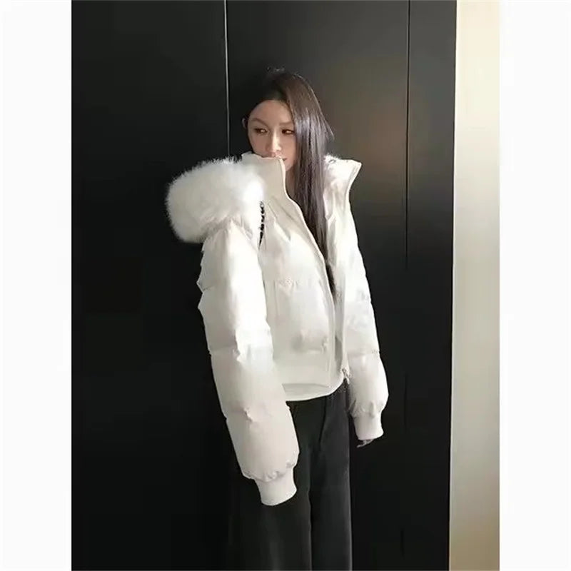 Simple Solid Short Parka Coat Fashion Winter Clothes Zipper Hooded Fur Collar Cotton Padded Coat Women Jacket Street