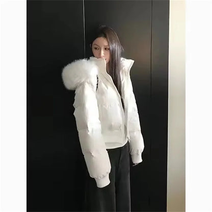 Simple Solid Short Parka Coat Fashion Winter Clothes Zipper Hooded Fur Collar Cotton Padded Coat Women Jacket Street