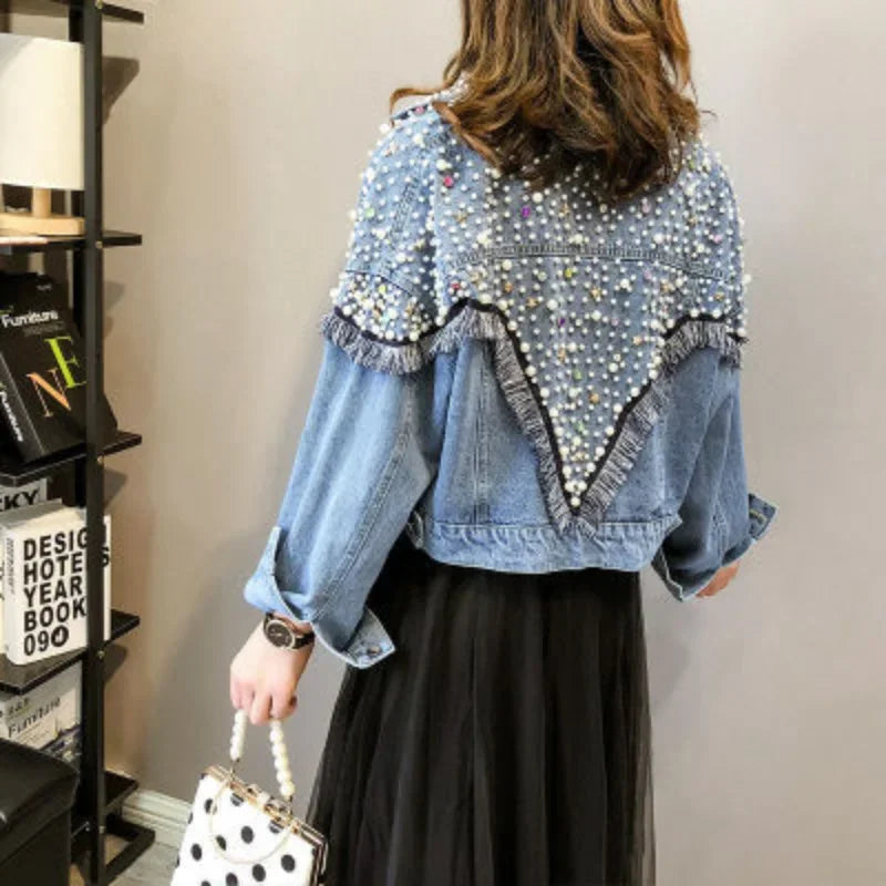 2024 Nuova giacca di jeans da donna primavera autunno streetwear con perle borchiate a mano, punk, nappa, giacca da donna, jeans corti larghi, cappotti