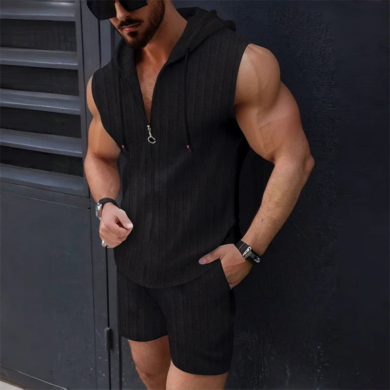 5 colori disponibili per completo da uomo con cappuccio, senza maniche, cerniera, a quadri, slim, alla moda, casual, sportivo, gilet, pantaloncini, set due pezzi, top trendy