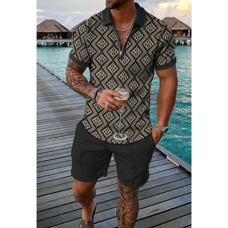 Completo estivo vintage casual a righe con stampa 3D, composto da polo, polo con cerniera e colletto, pantaloncini con cerniera, stile vacanze hawaiane da uomo.