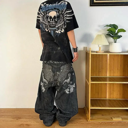2024 Nuova tendenza americana 2024 Jeans larghi con ricamo hip-hop retrò per uomo e donna Y2K Harajuku Gothic Streetwear