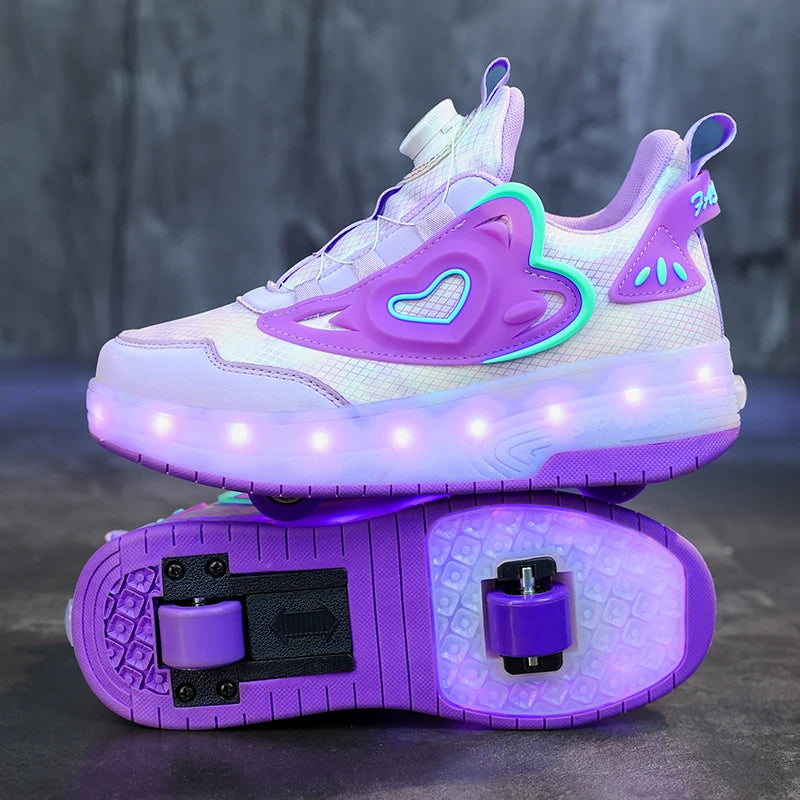 Scarpe da ginnastica luminose per bambine con ruote, tacco rosa con luci LED, pattini a rotelle, scarpe LED per bambini con ricarica USB, alla moda.