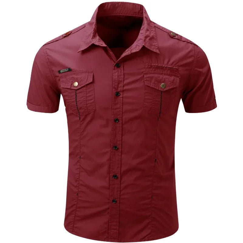 Camicia tattica militare estiva da uomo casual 100% cotone 2025, a maniche corte, tinta unita, con tasca