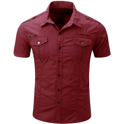 Camicia tattica militare estiva da uomo casual 100% cotone 2025, a maniche corte, tinta unita, con tasca