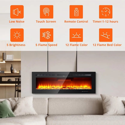 Caminetto elettrico a parete da 40/50/60 pollici, 220 V 1500 W, due livelli di riscaldamento, 12 modalità di colore LED 3D ed effetto fiamma realistico.