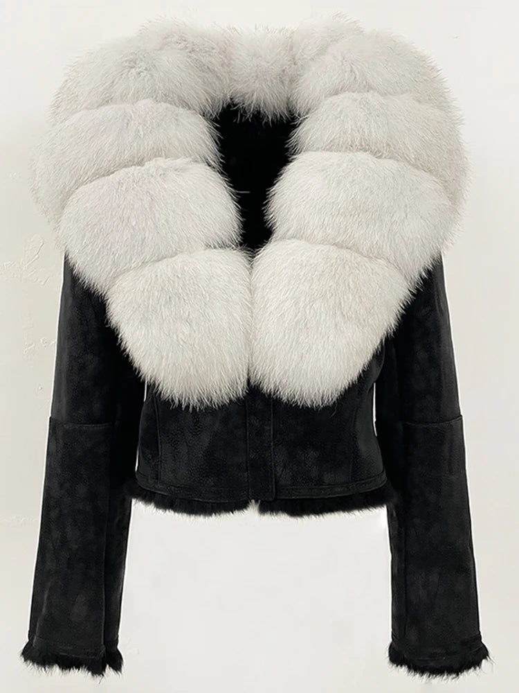 OFTBUY Cappotto corto alla moda con collo in pelliccia di volpe naturale da donna, nuovo abbigliamento autunnale e invernale in pelliccia, giacca in vera pelliccia di coniglio con fodera in pelle scamosciata da donna