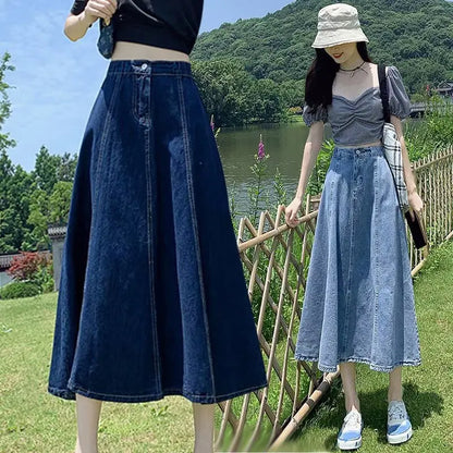 Retro High Waist Midi Denim Skirt Fashionable A- Line Umbrella Skirt Conceals Hip Slimming Drapey Style for Spring Season