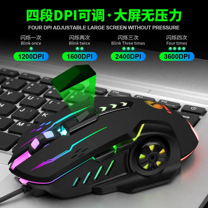 1 mouse da gioco meccanico V7 con luci LED, mouse cablato per notebook, laptop e computer desktop, design ambidestro in plastica