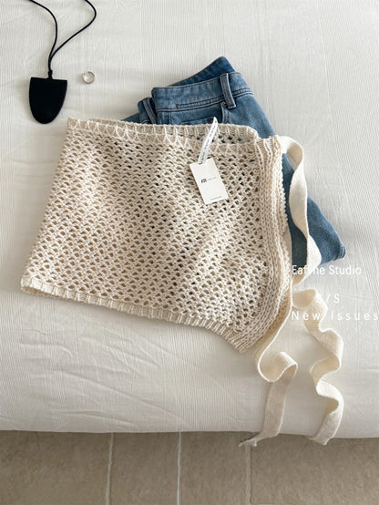 2025 Hollow out Knitted Mini Skirt with Belt Design Covering Hip Women's Layered Fashion Short Skirt Fresh Sweet Style