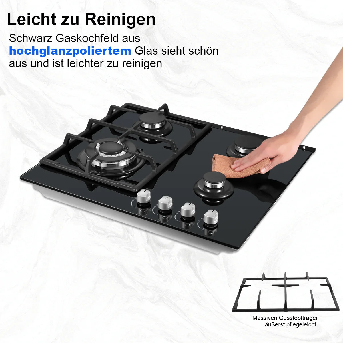 Piano cottura a gas da 58 cm | 4 fuochi a doppia alimentazione (gas naturale/GPL) 8060 W con spegnimento automatico della fiamma e superficie in vetro temperato | Da incasso/a libera installazione 220-240 V