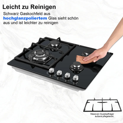 Piano cottura a gas da 58 cm | 4 fuochi a doppia alimentazione (gas naturale/GPL) 8060 W con spegnimento automatico della fiamma e superficie in vetro temperato | Da incasso/a libera installazione 220-240 V