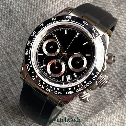Orologio cronometro Tandorio da uomo, 39 mm, movimento al quarzo VK63, quadrante grigio, vetro zaffiro, cronografo completo, bracciale in acciaio inossidabile 316L, cinturino in gomma.