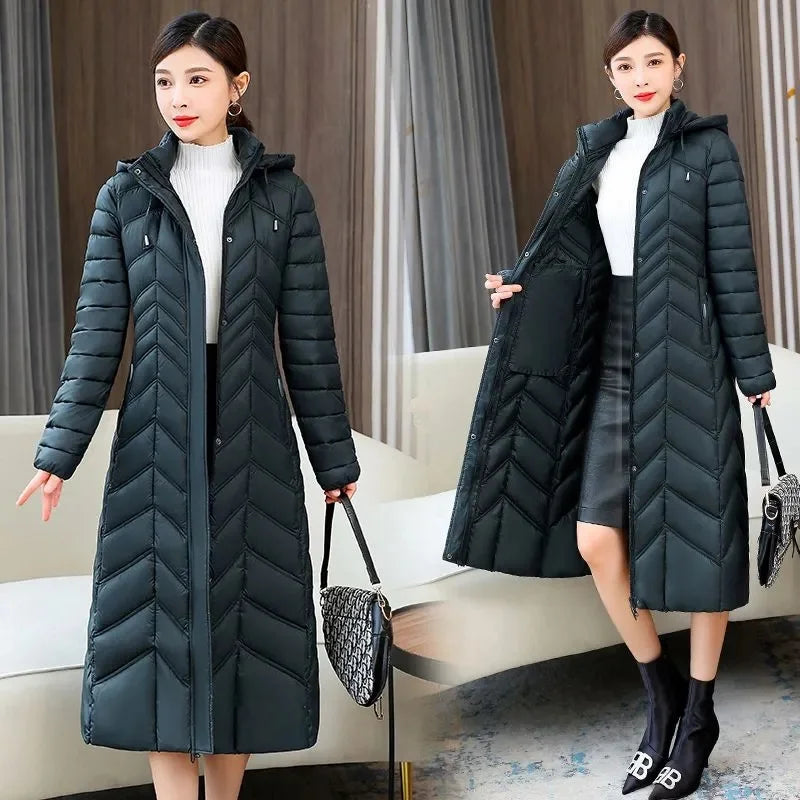Women 2023 New Winter Long Plaid Parkas Loose Thicken Warm Hooded Coats Casual Zip Up Windproof Black White Down Jackets