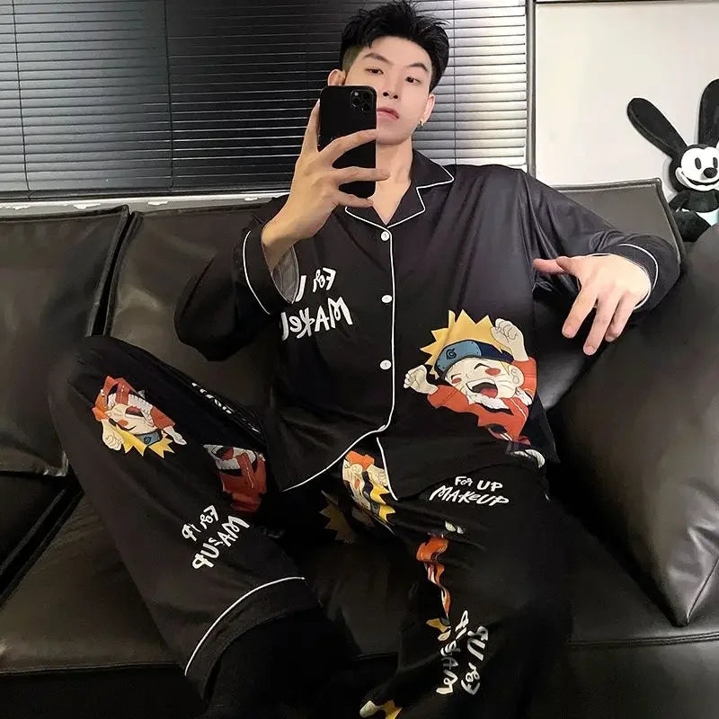 Pigiama Naruto Pain da uomo, set anime in seta satinata, pigiama con colletto risvoltato, maniche lunghe, abbigliamento da notte maschile, set da 2 pezzi, cardigan, abbigliamento per la casa