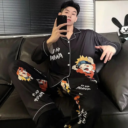 Pigiama Naruto Pain da uomo, set anime in seta satinata, pigiama con colletto risvoltato, maniche lunghe, abbigliamento da notte maschile, set da 2 pezzi, cardigan, abbigliamento per la casa