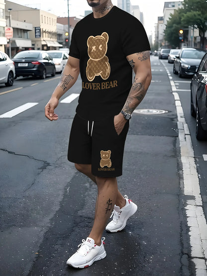 Completo estivo da uomo 2025 con stampa orsetto, t-shirt girocollo morbida e traspirante e pantaloncini, set casual da esterno a due pezzi.