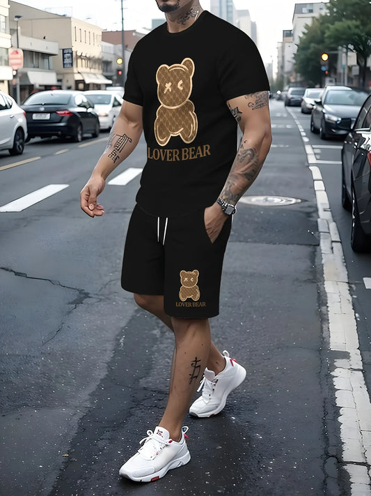Completo estivo da uomo 2025 con stampa orsetto, t-shirt girocollo morbida e traspirante e pantaloncini, set casual da esterno a due pezzi.