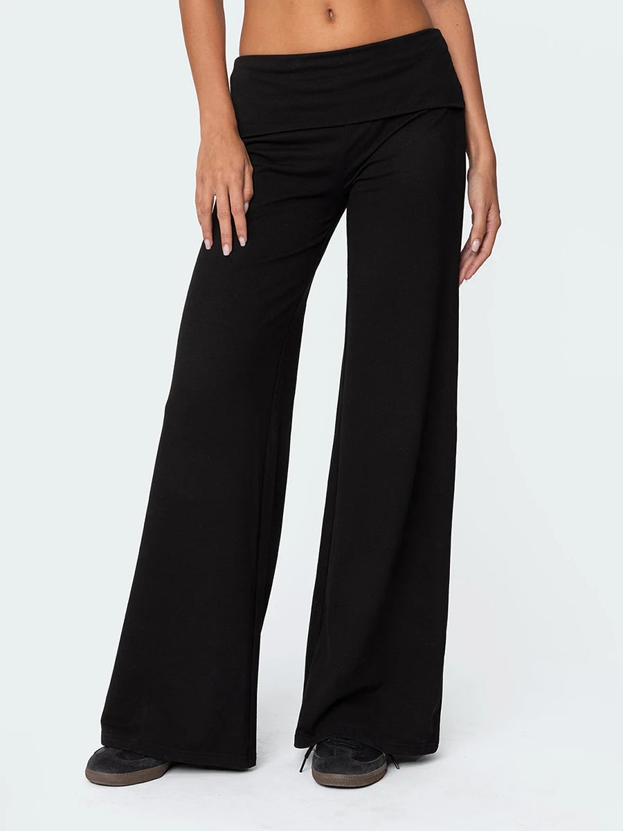 Women's Casual Baggy Pants Solid Wide Leg Sweatpants for Women Fold Over Low Rise Flare Yoga Lounge Pants