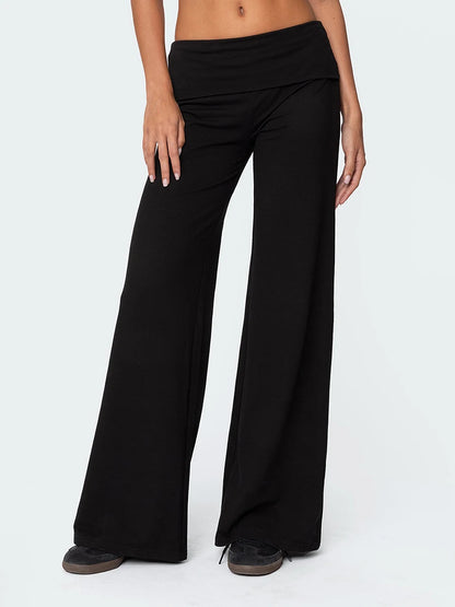 Pantaloni larghi casual da donna, pantaloni della tuta a gamba larga tinta unita, pantaloni da yoga a zampa con risvolto, pantaloni da relax a vita bassa.