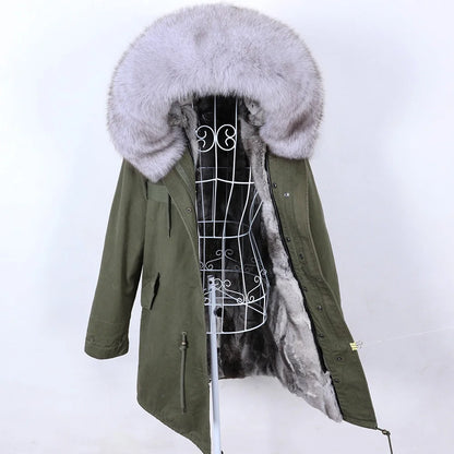 Maomaokong 2022 Giacca invernale da donna Parka lungo Impermeabile Grande pelliccia di volpe naturale vera Collo di pelliccia di procione Cappuccio Fodera in caldo coniglio
