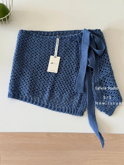 2025 Hollow out Knitted Mini Skirt with Belt Design Covering Hip Women's Layered Fashion Short Skirt Fresh Sweet Style