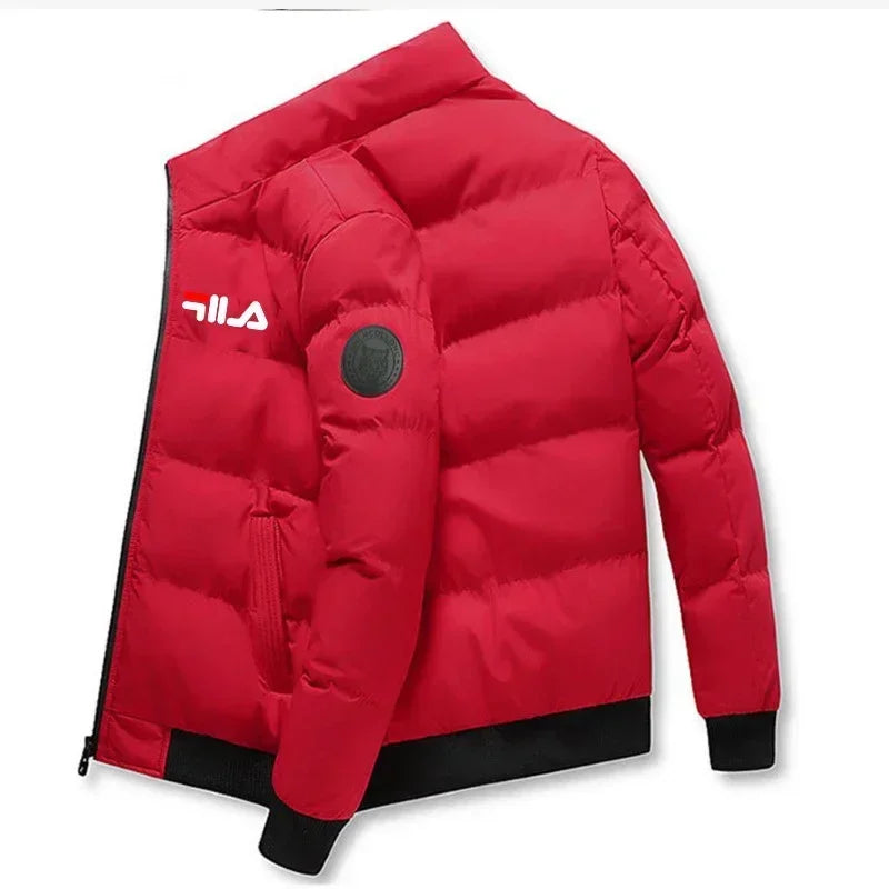 Cappotto corto caldo da uomo Autunno/Inverno 2025, giacca antivento casual stampata con cerniera, ideale per attività all'aperto e stile streetwear.
