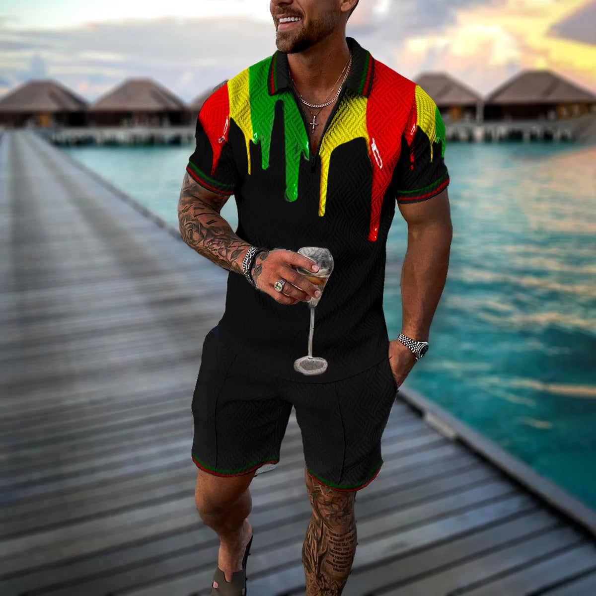 Completo estivo da uomo con stampa 3D, composto da polo con cerniera e pantaloncini, 2 pezzi, stile boho geometrico, abbigliamento per le vacanze.