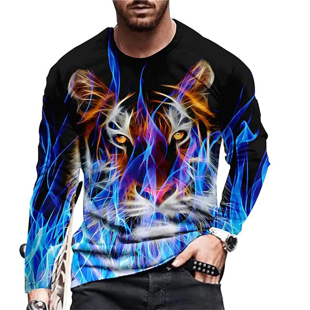T-shirt da uomo vintage con stampa, maniche lunghe, stampa 3D tigre, girocollo ampio, abbigliamento uomo con animali, t-shirt oversize autunnale da uomo