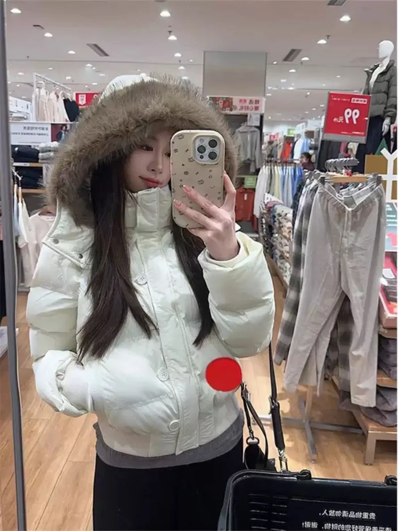 Fashion Women's Loose Short Down Cotton Jacket with Detachable Hat Fur Collar Parkas Winter Warm Thicken Snow Outerwear